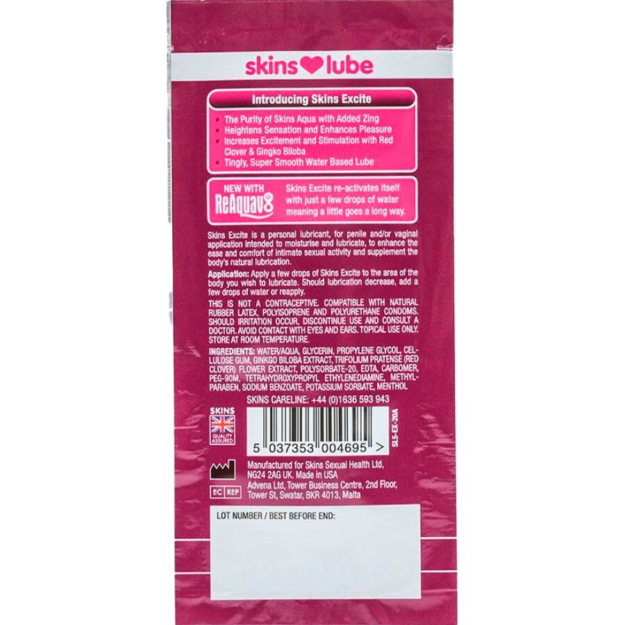 Lubrificante SKINS Excite Monodose 5 ml — Con L-arginina
