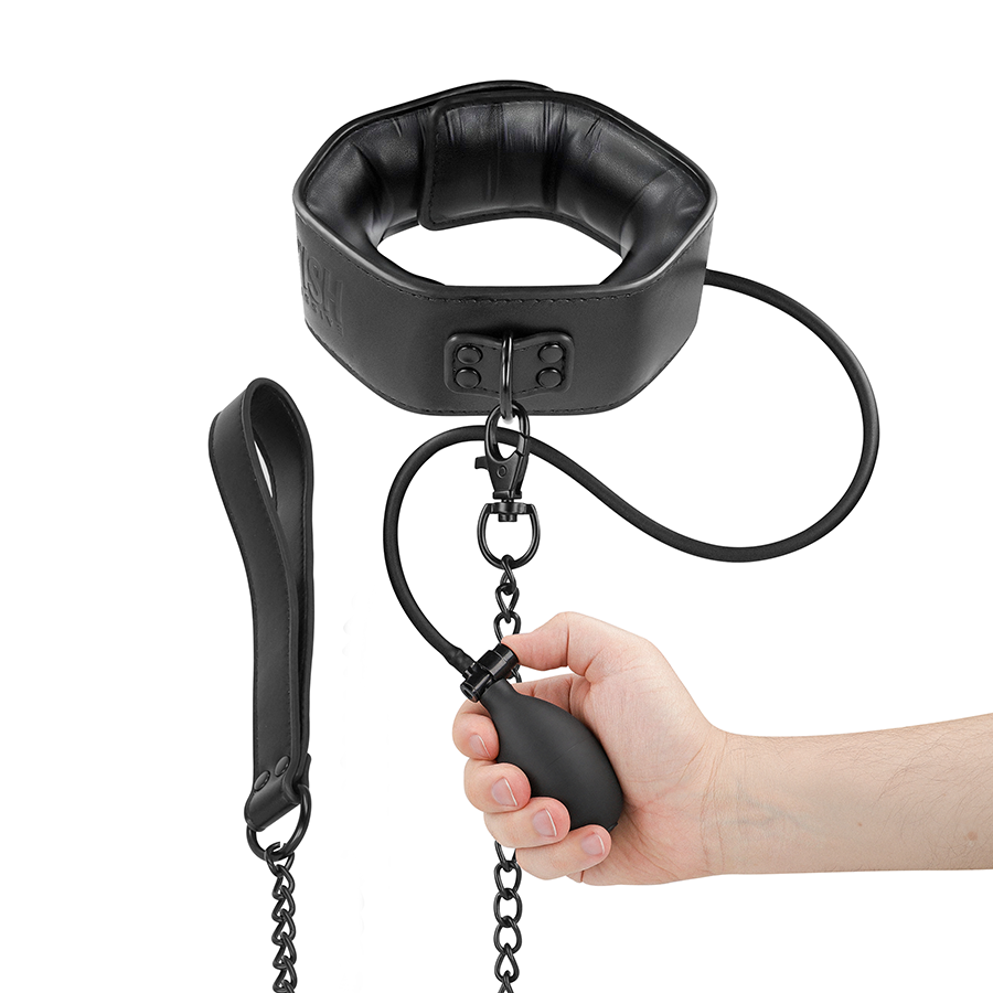 Collare Gonfiabile Fetish Submissive Bondage con Catena — Nero