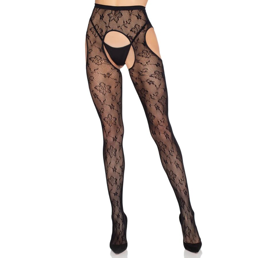 Collant con Reggicalze Leg Avenue Bloom Net 1967 — Nero
