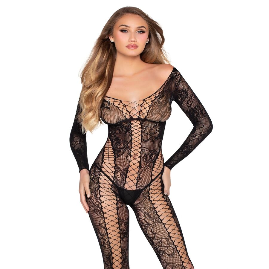 Bodystocking Leg Avenue 89369 Rete e Pizzo — Nero Taglia Unica