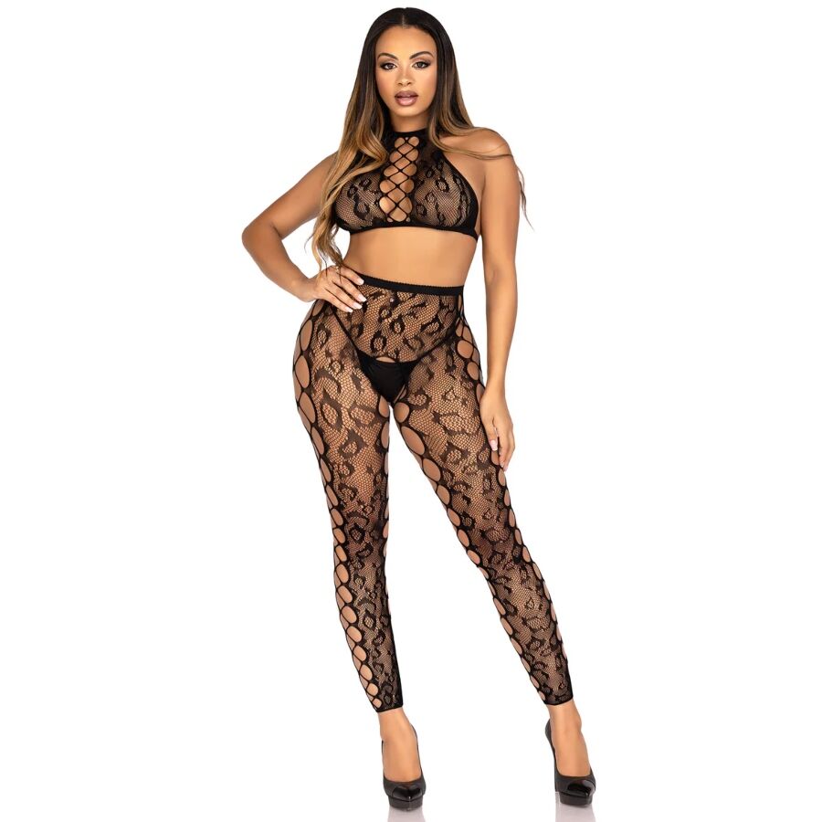 Completo Intimo Leg Avenue Crop Top e Collant Leopardato — Taglia Unica