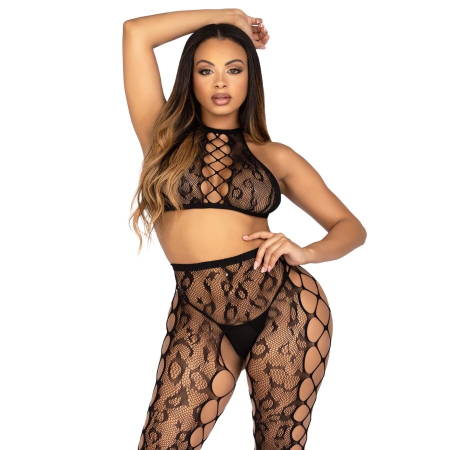 Completo Intimo Leg Avenue Crop Top e Collant Leopardato — Taglia Unica
