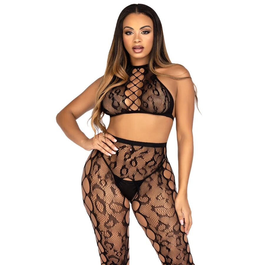 Completo Intimo Leg Avenue Crop Top e Collant Leopardato — Taglia Unica
