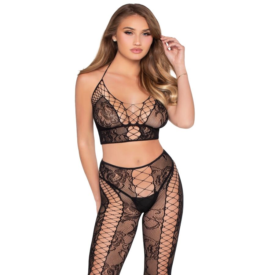 Completo Intimo Leg Avenue Rete e Pizzo Nero — Taglia Unica