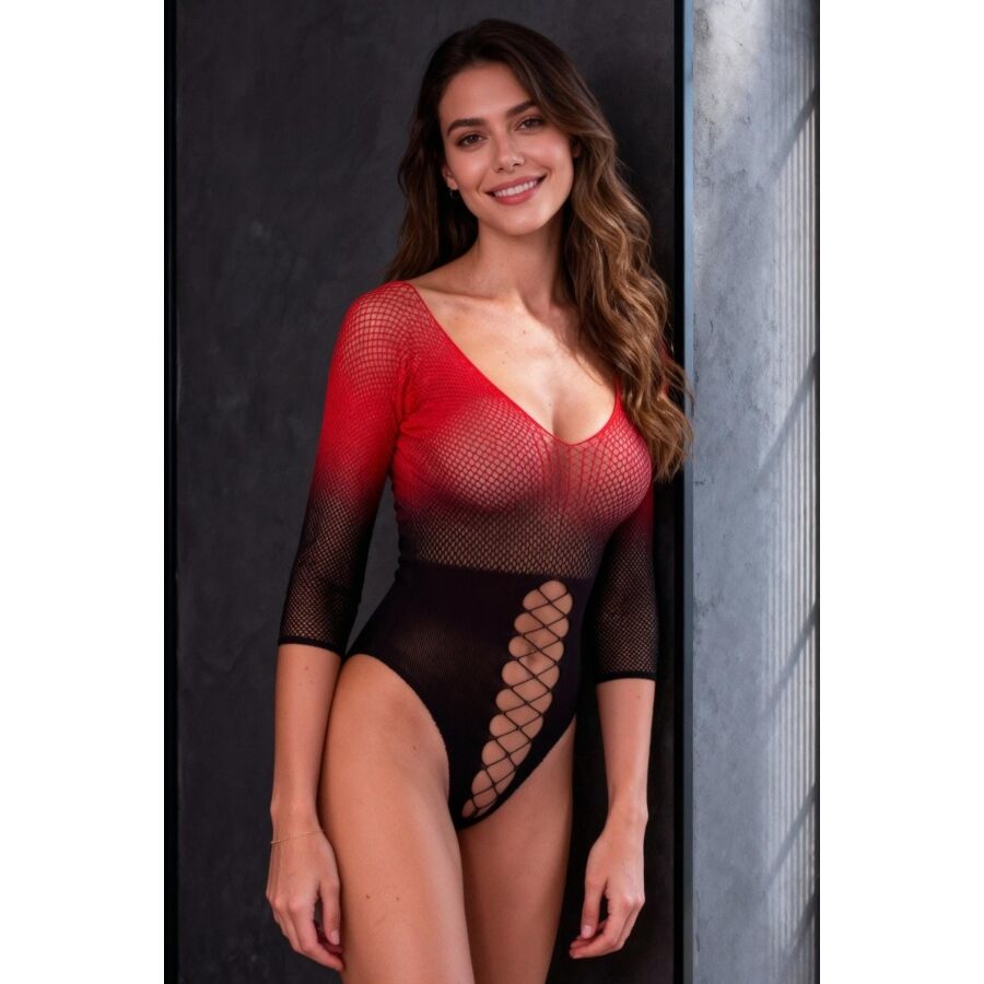 Bodystocking Rete Nera e Rossa Passion BS118 — Nero/Rosso