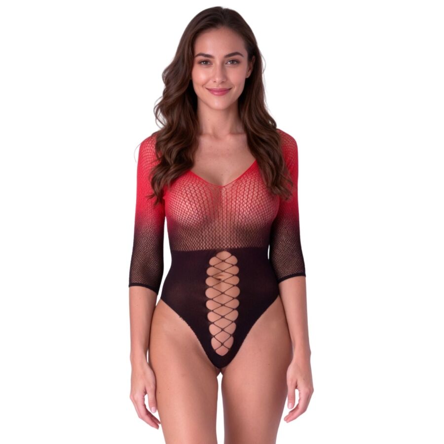 Bodystocking Rete Nera e Rossa Passion BS118 — Nero/Rosso