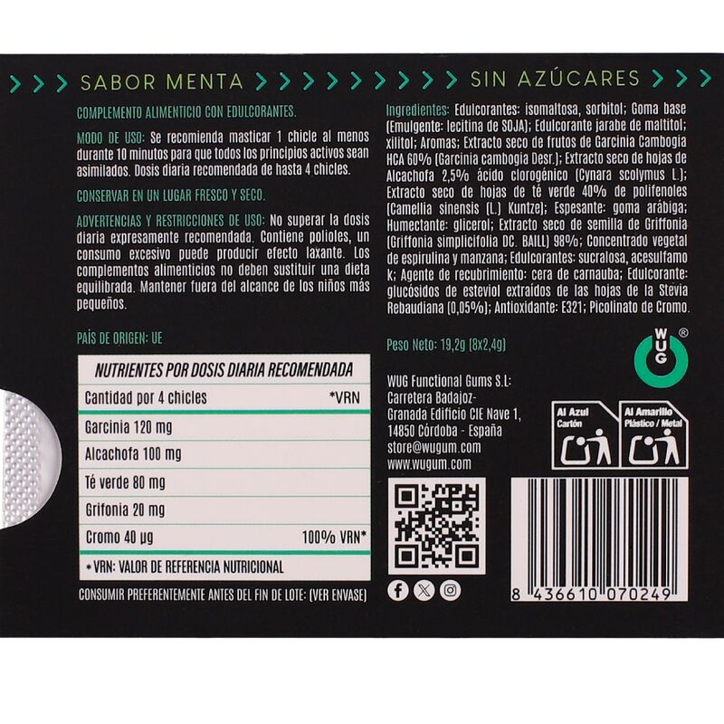 Gomme da Masticare WUG GUM WUG DIET Menta Senza Zucchero — 8 Pezzi