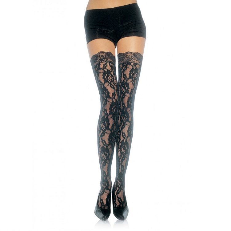 Calze in Pizzo Floreale Leg Avenue — Taglia Unica, Nero