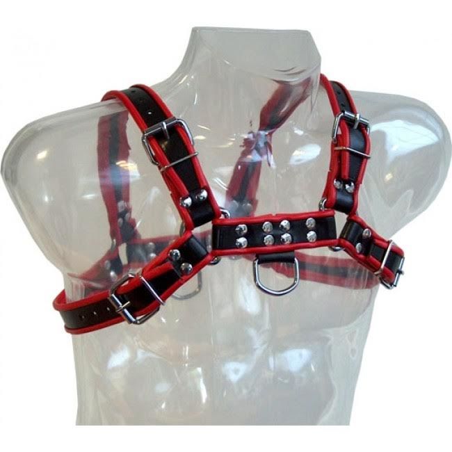 Imbracatura BDSM con Catena Leather Body Harness III — Nero/Rosso