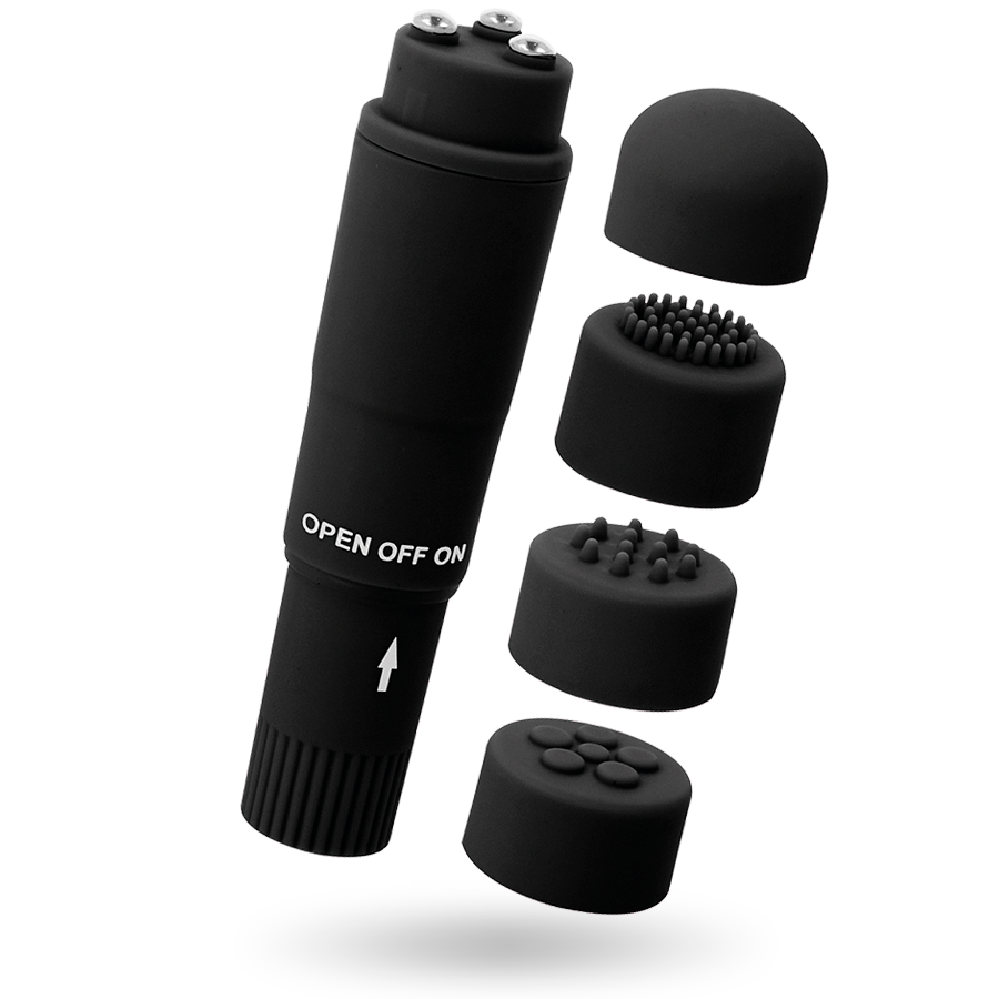 Vibratore Wand Tascabile Glossy Kurt — 4 Testine, Nero