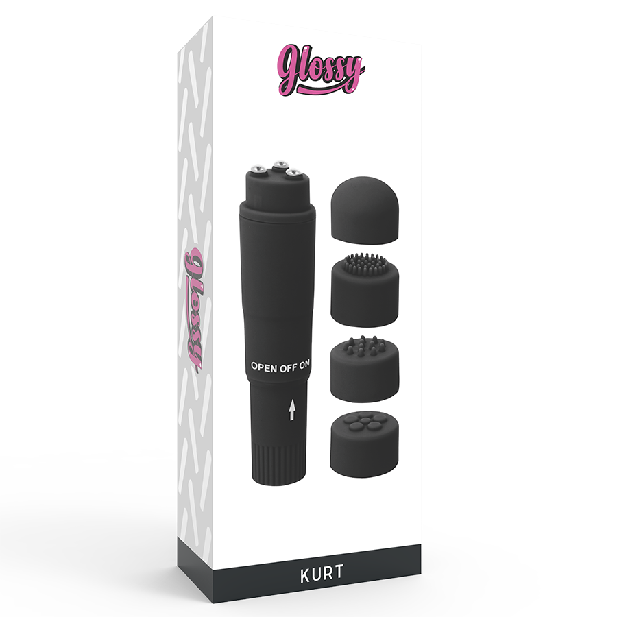 Vibratore Wand Tascabile Glossy Kurt — 4 Testine, Nero