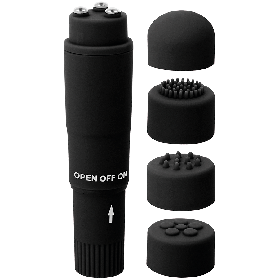 Vibratore Wand Tascabile Glossy Kurt — 4 Testine, Nero