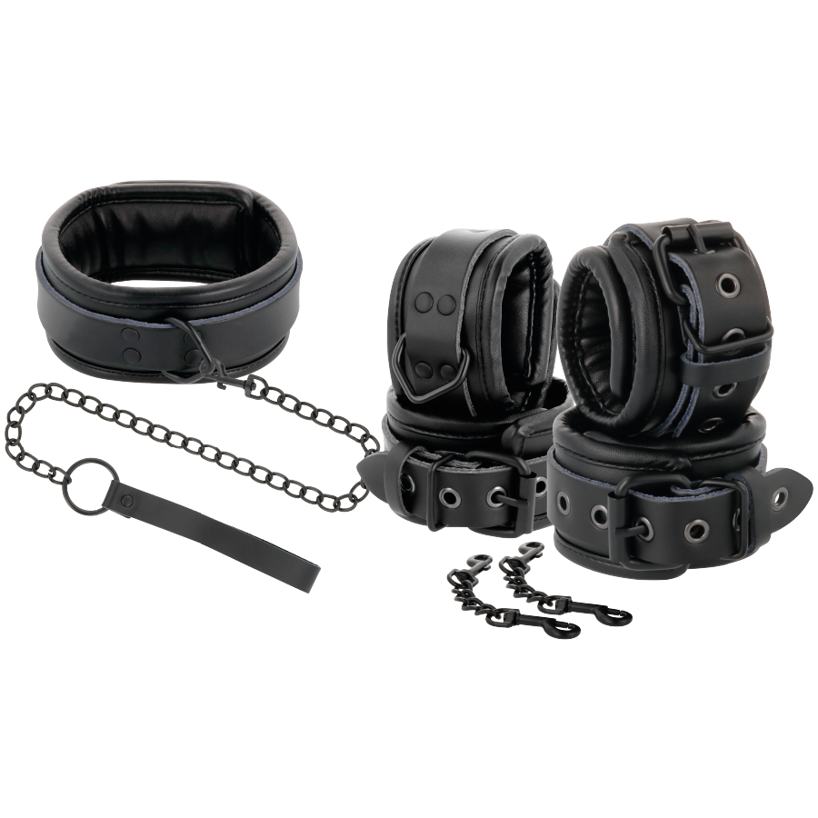 Kit Bondage Collare e Manette in Pelle Darkness — Nero