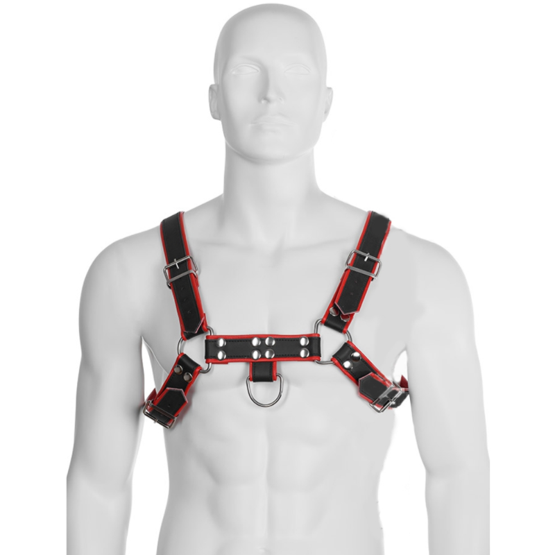 Imbracatura BDSM con Catena Leather Body Harness III — Nero/Rosso