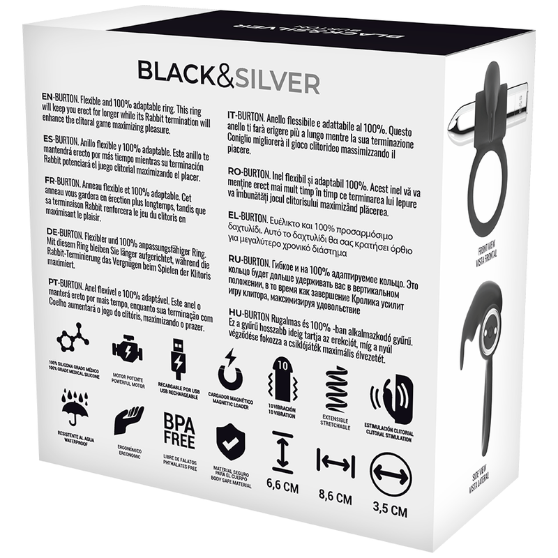 Anello Fallico Vibrante Black&Silver Burton — 10 Modalità