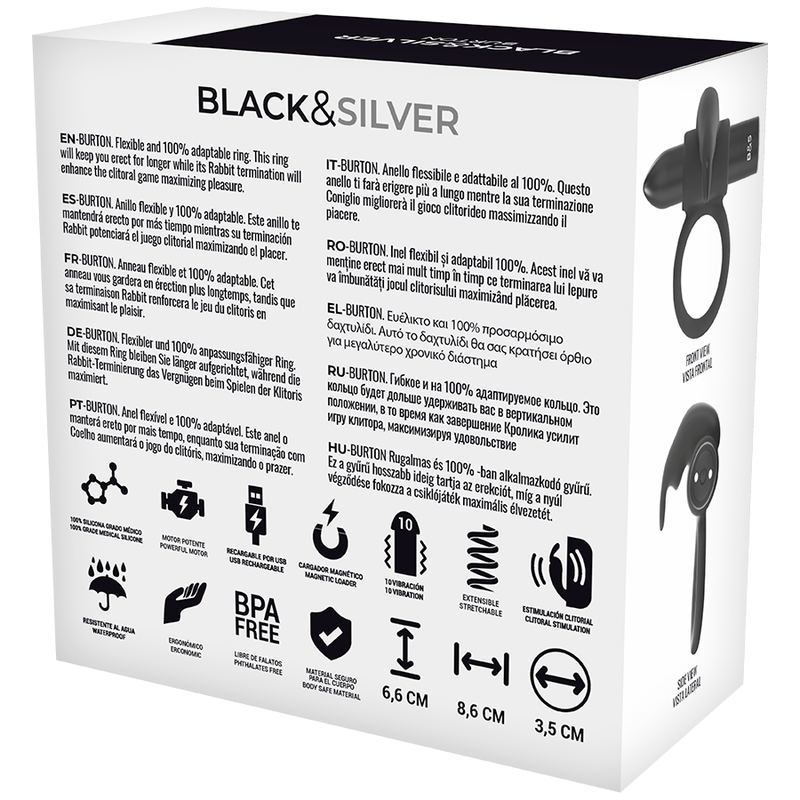 Anello Fallico Vibrante Black&Silver Burton — 10 Modalità, Nero