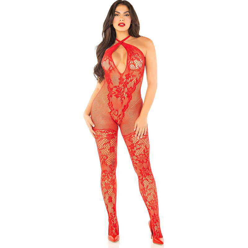 Bodystocking Leg Avenue Con Stampa A Fiori Rosso Taglia Unica